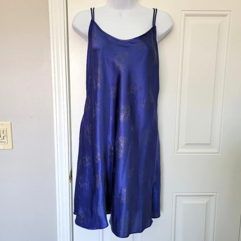 California Dynasty Vintage Blue Gold Floral Satin Chemise Gown Strappy Size M